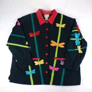 Quacker Factory Black Multicolor Dragonfly Print Women's Size 2X